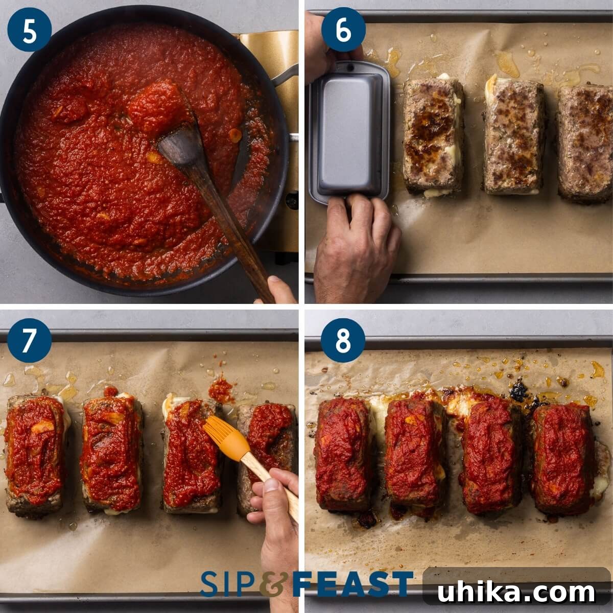 Mini Italian-Style Stuffed Meatloaves 6 Collage two showing simmering the sauce, removing the meatloaves from their pans, spreading the sauce on top of each meatloaf, and the finished dish.