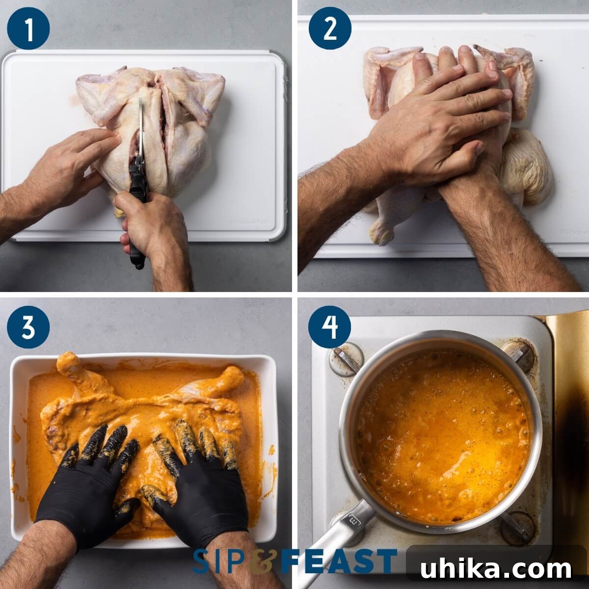 Authentic Peri-Peri Chicken Recipe with Fiery Marinade 5 Recipe process shot collage group one showing cutting the backbone out of the chicken, flattening the chicken, marinating the chicken, and boiling the used marinade.
