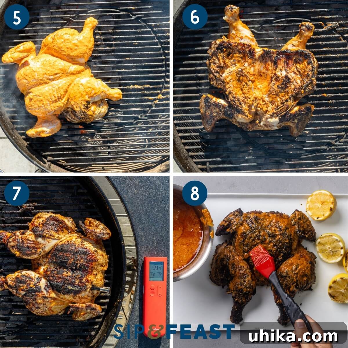Authentic Peri-Peri Chicken Recipe with Fiery Marinade 6 Collage two showing grilling the chicken on both sides, moving the chicken to the cool zone and probing with a thermometer, and basting the boiled sauce onto the grilled chicken.