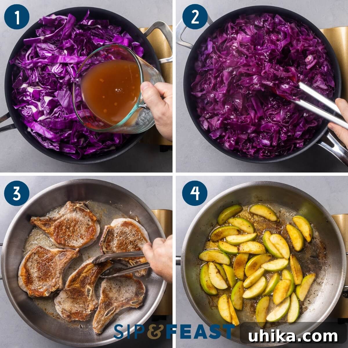 Pan-Seared Pork Chops with Braised Cabbage for Fall 5 Recipe process shot collage showing pouring liquid over red cabbage, braising the red cabbage, searing the pork chops, and searing the apples.