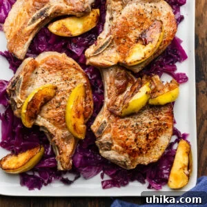 Seared pork chops and apples over braised cabbage.