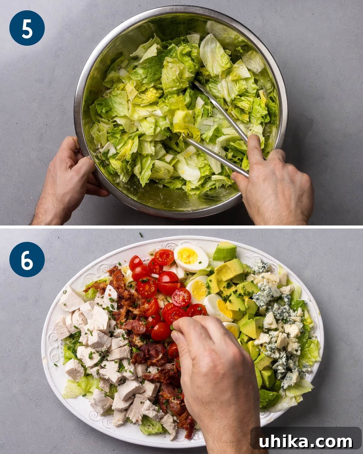 Hearty Cobb Salad Recipe with Avocado and Bacon 6 Collage two showing mixing the greens with the dressing and sprinkling chives on to the cobb salad.