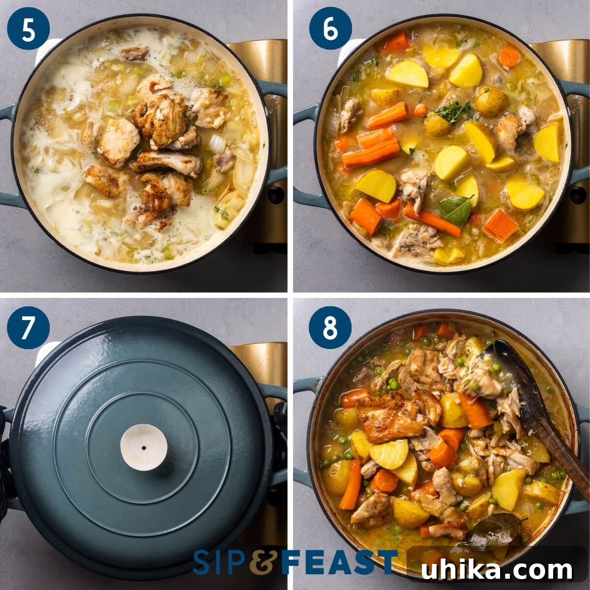 Hearty Chicken and Potato Stew for Cozy Weeknight Dinners 5 Collage two showing adding the stock and chicken thighs back to the pot, adding the vegetables and herbs, covering the pot, and the finished chicken stew.