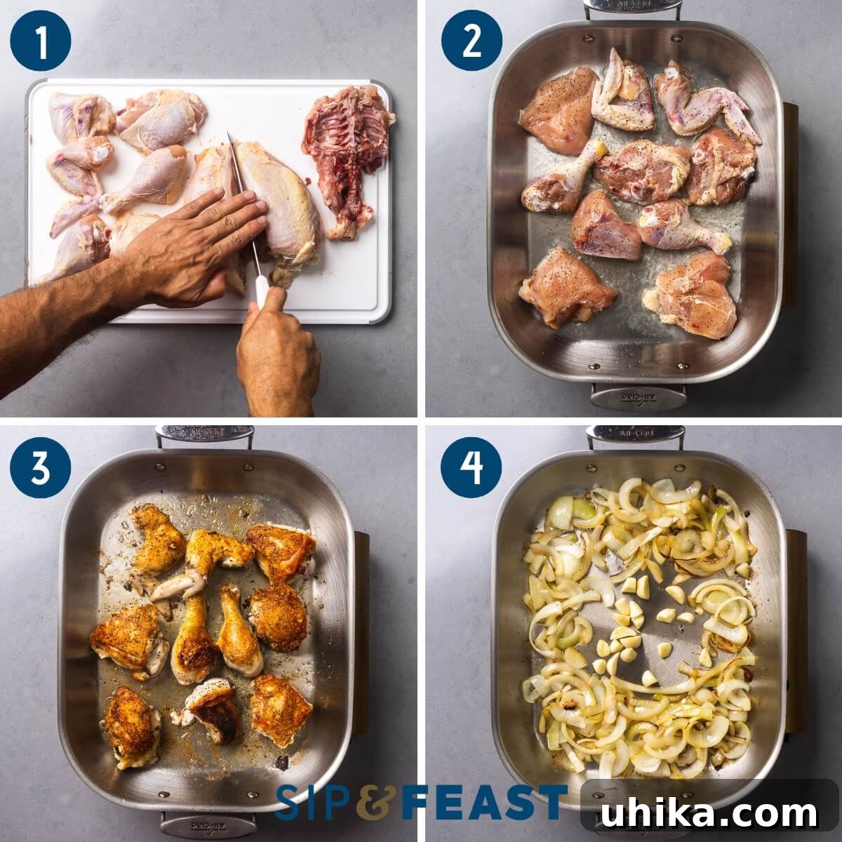 Pollo alla Potentina: Spicy Italian Braised Chicken with Tomatoes 5 Pollo alla potentina process shot collage group one showing breaking down the chicken, searing the chicken, and sauteing the onions and garlic.