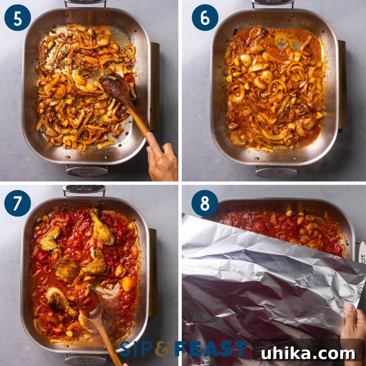 Pollo alla Potentina: Spicy Italian Braised Chicken with Tomatoes 6 Collage two showing sauteing the tomato paste, adding the wine, adding the tomatoes and chicken pieces, and covering with foil.