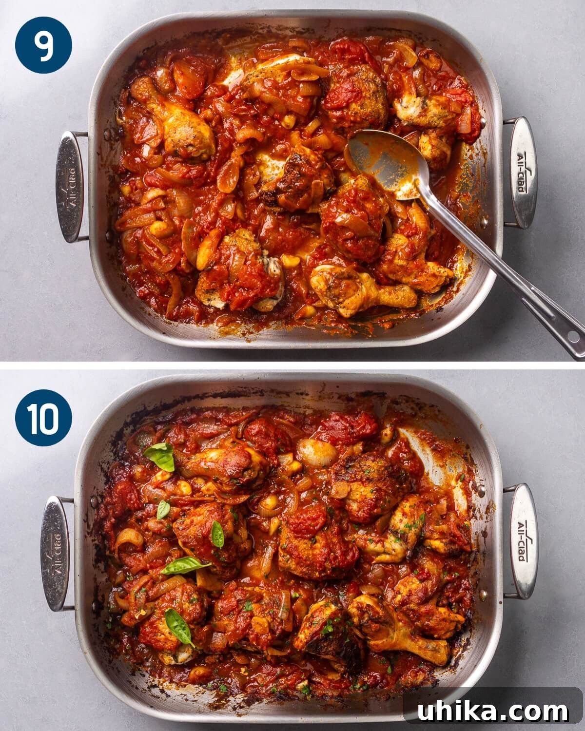 Pollo alla Potentina: Spicy Italian Braised Chicken with Tomatoes 7 Collage three showing adding the chicken breasts to the sauce and the finished dish topped with parsley and basil.