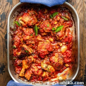 Pollo alla Potentina: Spicy Italian Braised Chicken with Tomatoes 8 Metal roasting pan with pollo alla potentina.