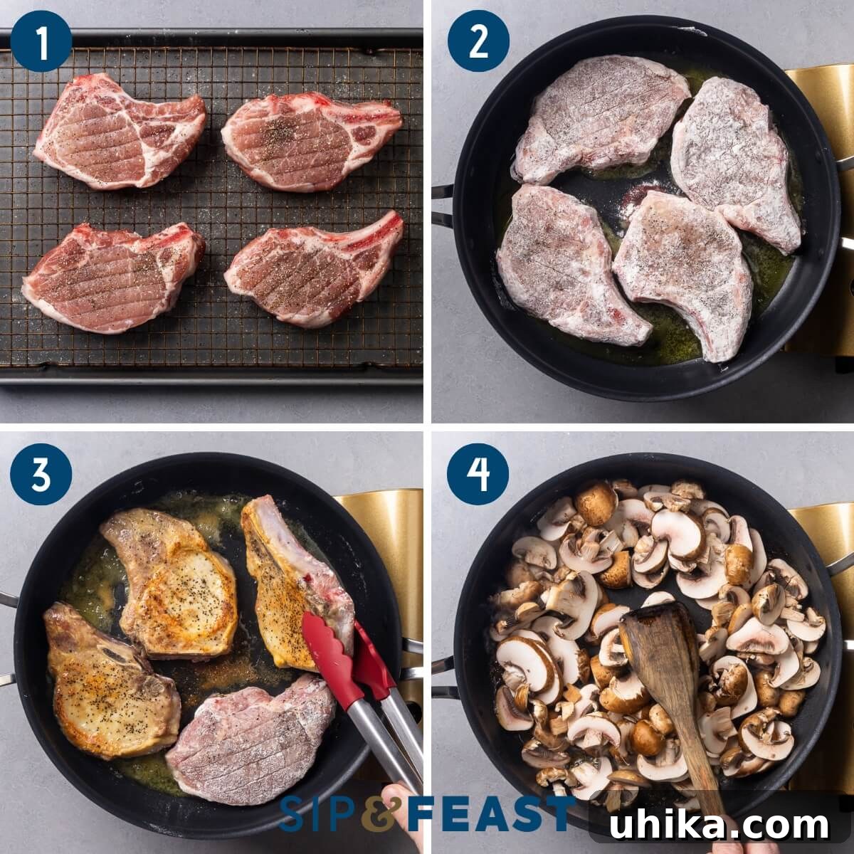 Smothered Pork Chops in Creamy Mushroom Sauce 5 Recipe process shot collage group one showing seasoning the pork chops, searing the flour-dredged chops, and sauteing the mushrooms.