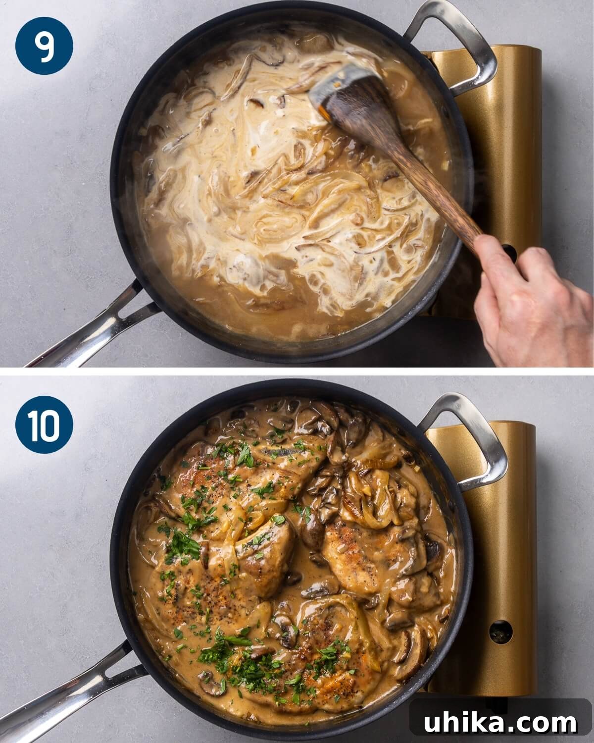 Smothered Pork Chops in Creamy Mushroom Sauce 6 Collage three showing mixing in the heavy cream and adding the pork chops and mushrooms to the finish the dish.