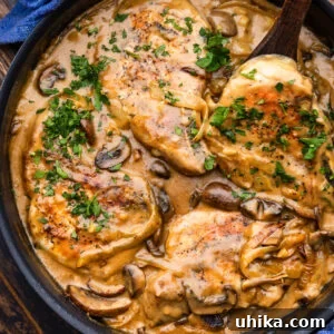 Smothered Pork Chops in Creamy Mushroom Sauce 7 Smothered pork chops topped with parsley in large black pan.