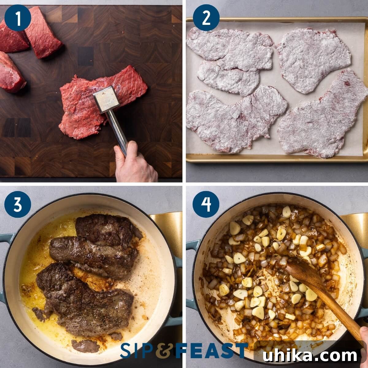 Mediterranean Braised Steak with Capers, Olives and Peppers 5 Recipe process shot collage group one showing pounding the top round into thin pieces, dredging the pieces in flour, searing the steak, and sauteing onions and garlic.
