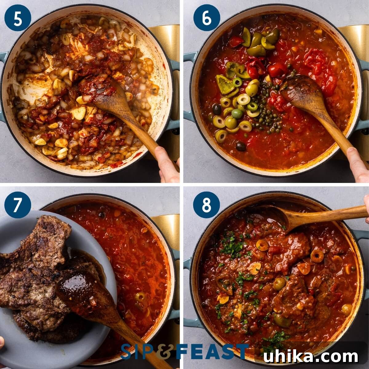 Mediterranean Braised Steak with Capers, Olives and Peppers 6 Collage two showing sauteing the tomato paste, adding the plum tomatoes, cherry peppers, capers, and olives, then adding the steaks, and finishing the dish with parsley.