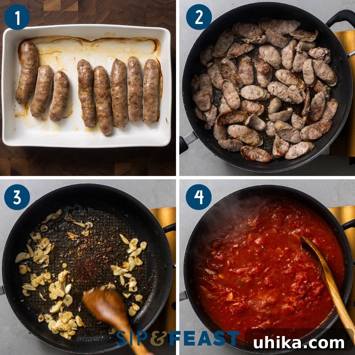 One-Pot Sausage and Chickpea Pasta 5 Recipe process shot collage group one showing roasted sausage in plate, searing the sausage in large pan, sauteing the garlic, and simmering the sauce.