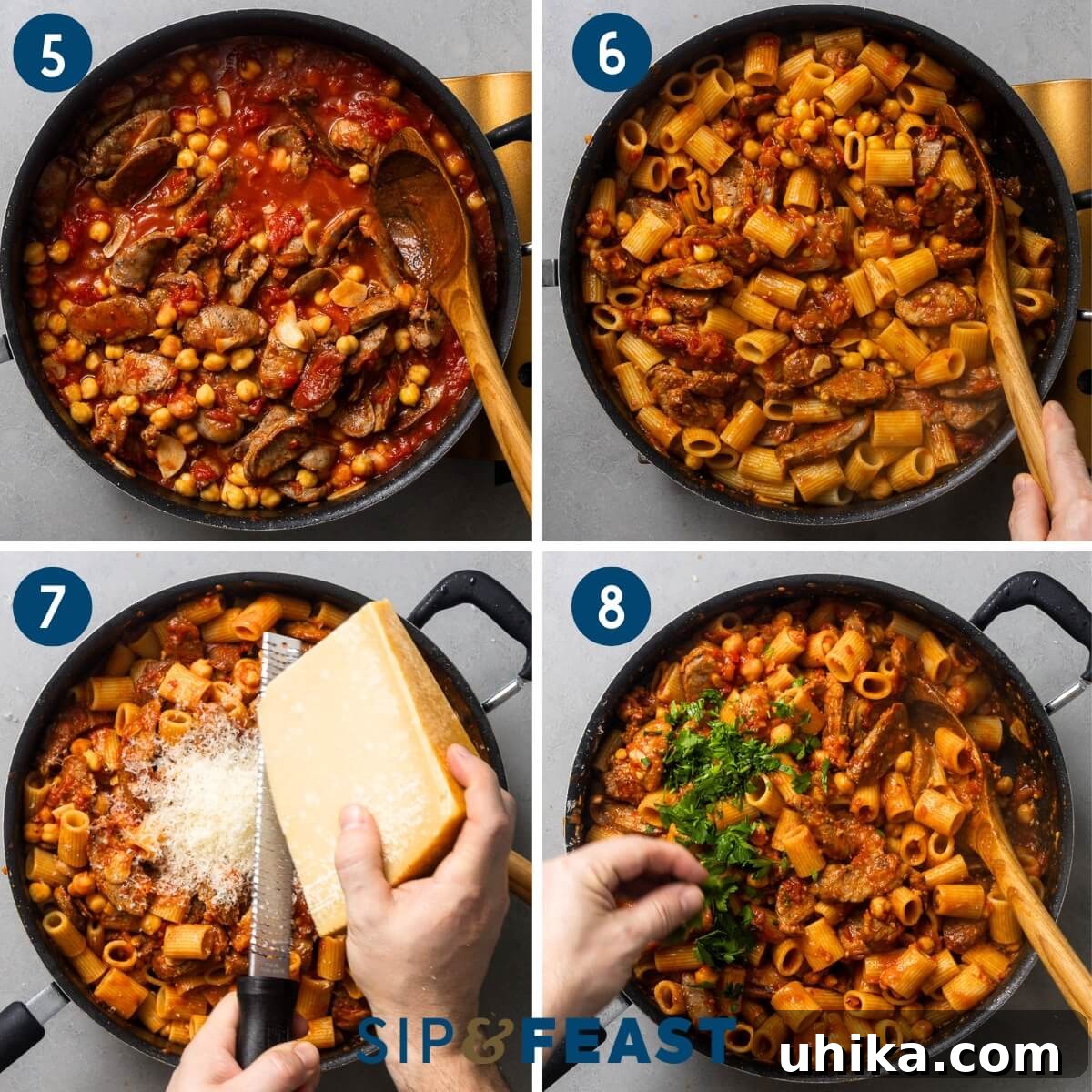 One-Pot Sausage and Chickpea Pasta 6 Collage two showing adding the sausage and chickpeas to the sauce, mixing in the pasta, adding the grated parmesan, and finishing with basil and parsley.