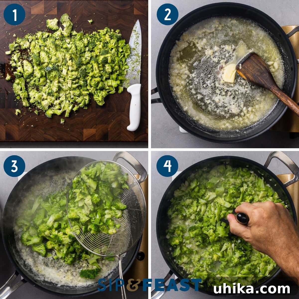 Recipe process shot collage group one showing chopping the broccoli, sauteing the garlic in butter, adding the softened broccoli to the pan, and mashing the broccoli.