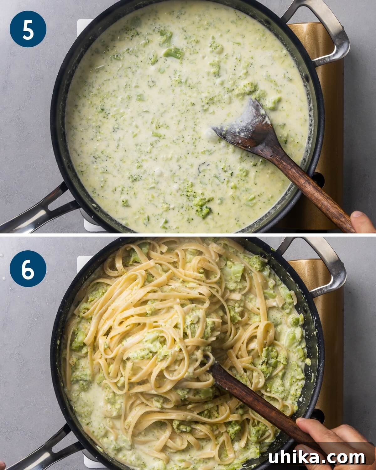 Collage two showing simmering the cheese sauce and adding the pasta to the pan.